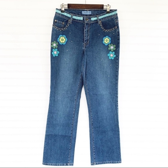 Classic Blue Straight Leg Jeans with Floral Embroidery - Picture 1 of 12